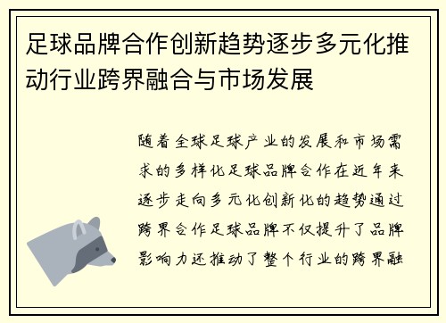足球品牌合作创新趋势逐步多元化推动行业跨界融合与市场发展 足球品牌合作创新趋势逐步多元化推动行业跨界融合与市场发展